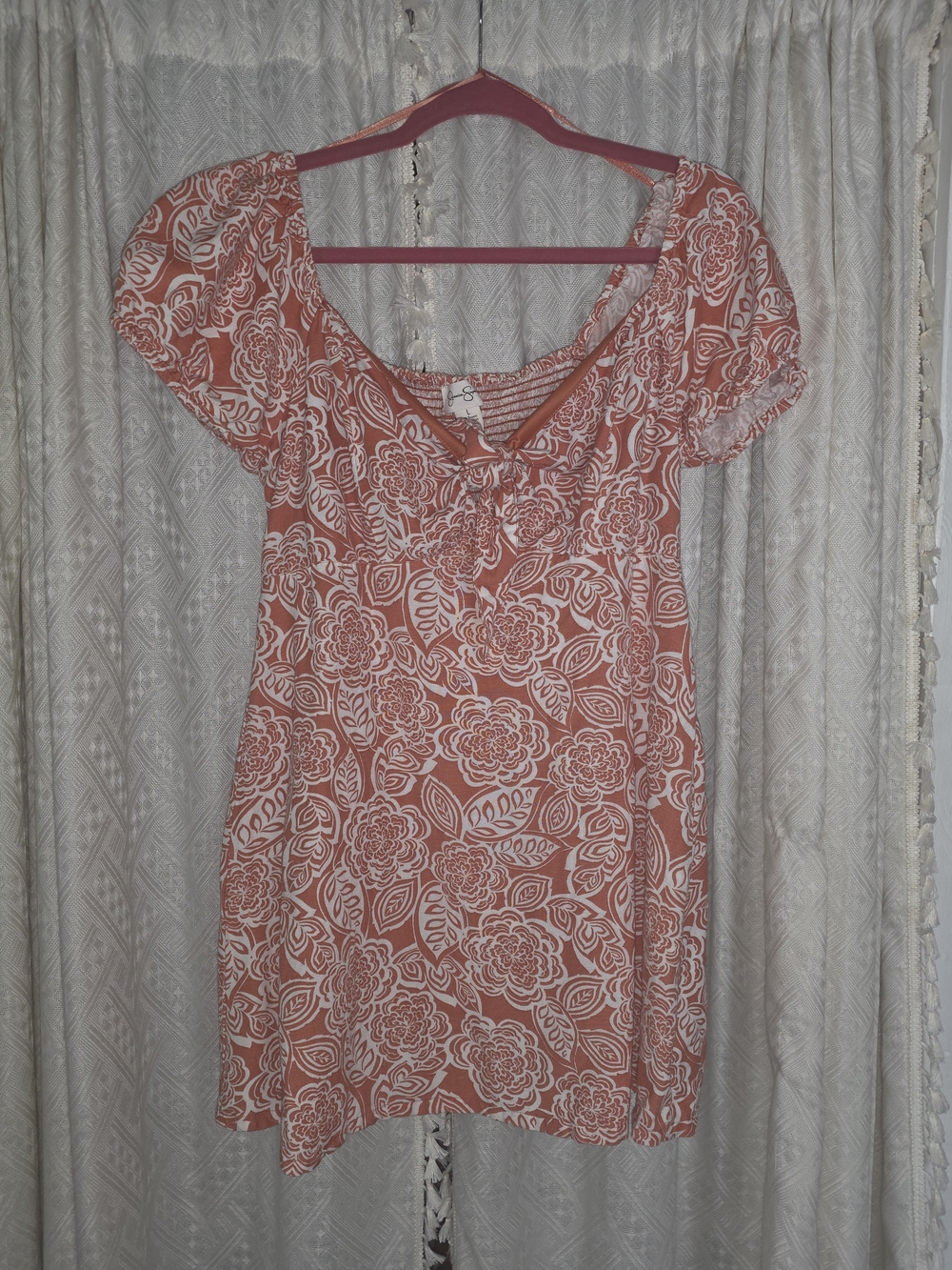 Jessica Simpson Coral and White Floral Mini Dress with Scoop Neck